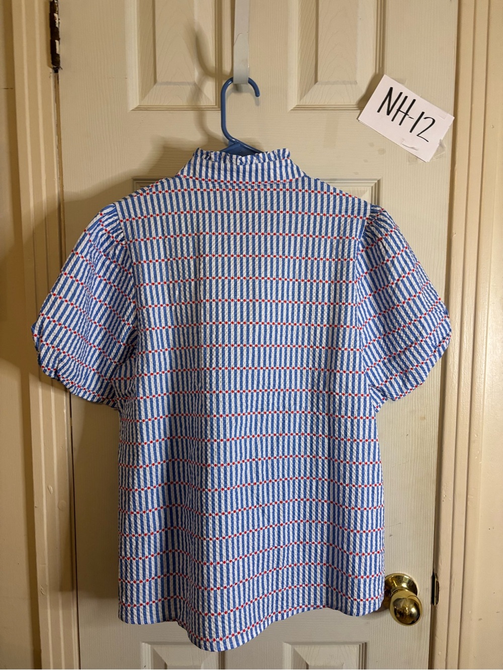 Blue and White Patterned Popover with Red Trim - Picture 2 of 3